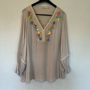 Soft Surroundings Clementine Embroidered Pom Pom Detail Tunic Tunic Size XL